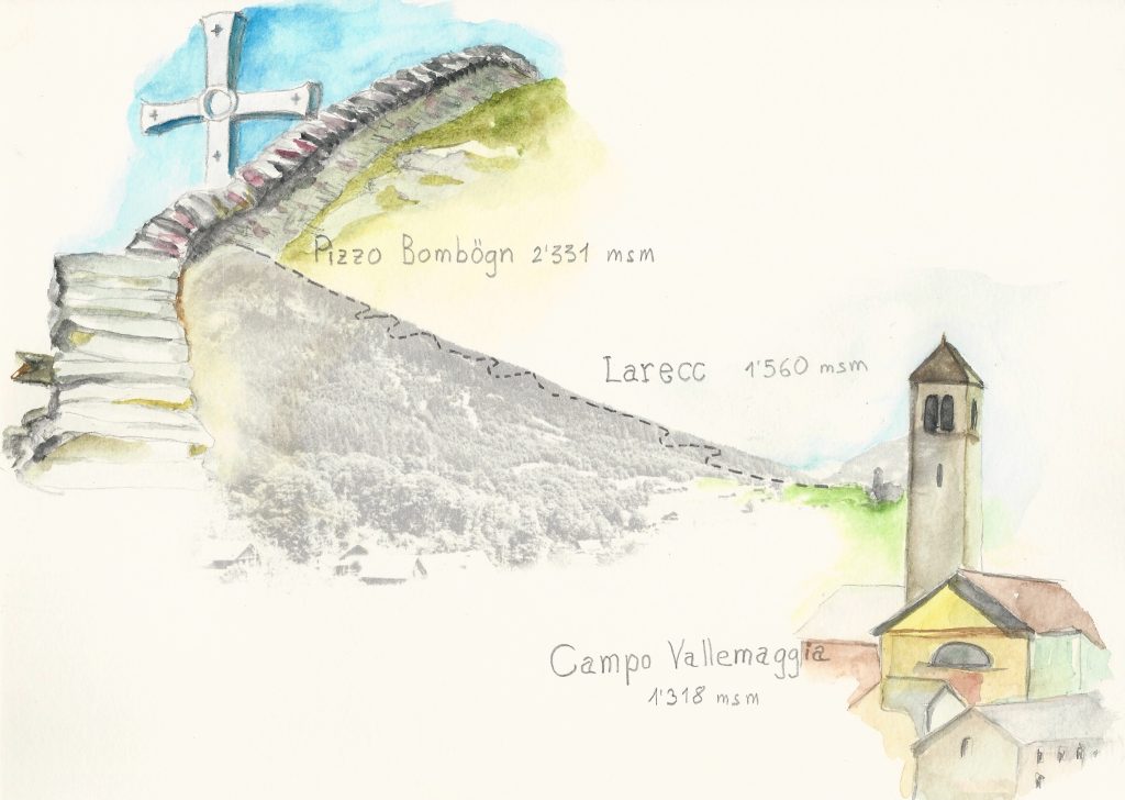 L'itinerario da Campo Vallemaggia al Pizzo Bombögn, disegnato dall'autore