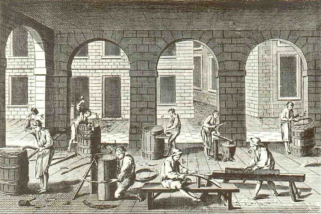 Incisione che illustra la produzione di botti (encyclopédie.eu)