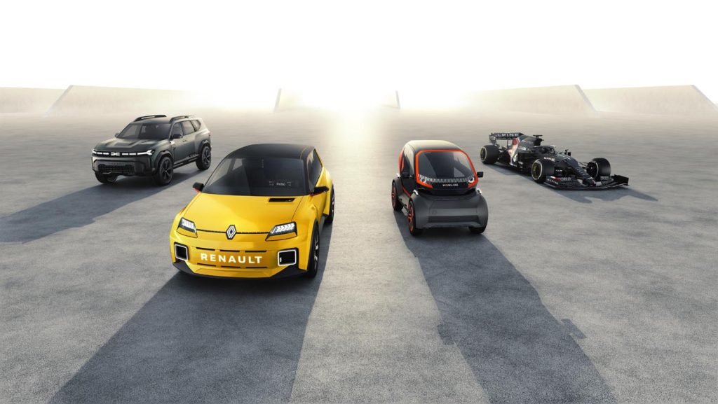 I principali prototipi di Renault del 2021: Dacia Bigster Concept; Renault 5; Mobilize EZ-1; e l’Alpine A521.