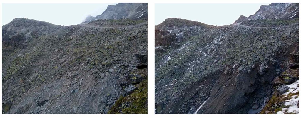 Davanti al ghiacciaio roccioso Ritigraben prima (a sinistra) e dopo, i detriti scorrono, 02.07.18 (Tratte dall’ultimo rapporto; fotocamera SLF time lapse)