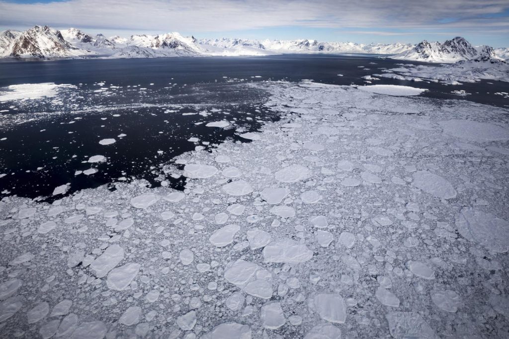 Vista in elicottero del ghiaccio del pancake sul fiordo vicino a Tasiilaq, Groenlandia orientale (Franco Banfi)