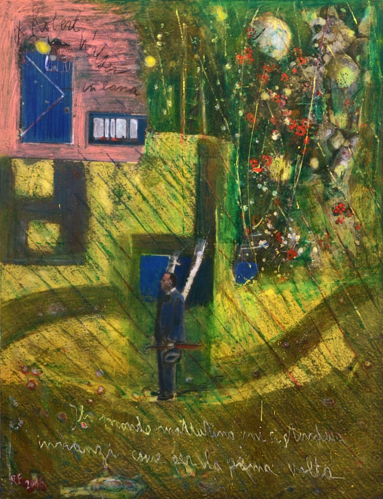 Renzo Ferrari, Robert Walser in Land, 2016, Olio e digitale su tela