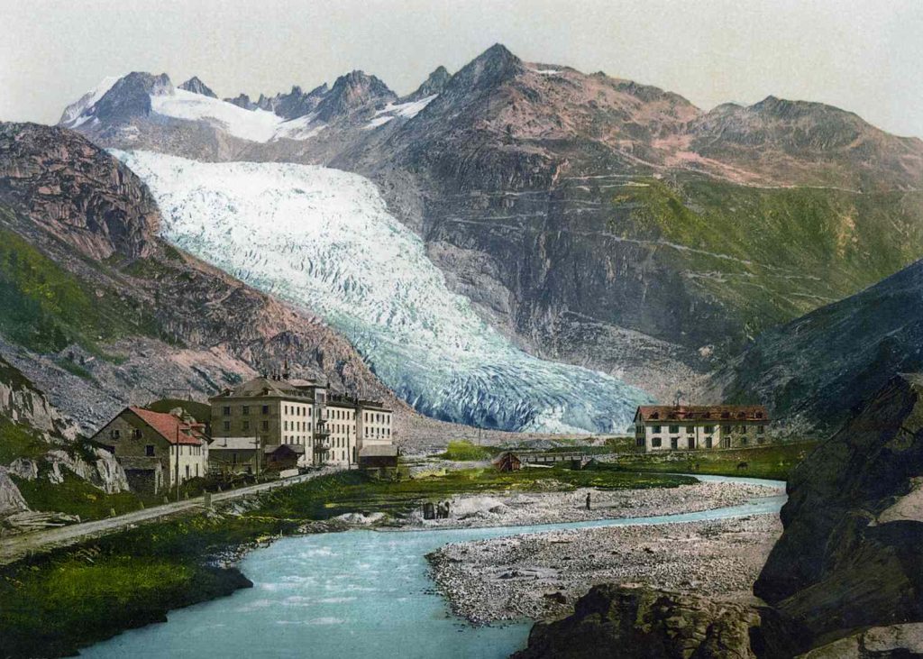 Il ghiacciaio del Rodano ai piedi del passo della Furka tra il 1890 e il 1905, così si mostrava alla fine della piccola glaciazione