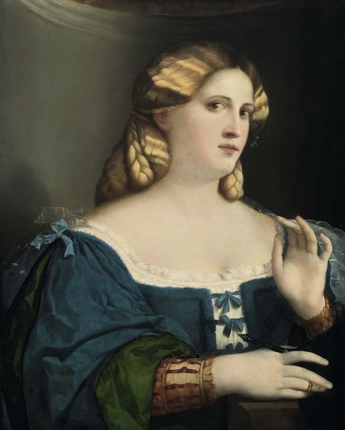 21. PALMA il Vecchio
Giovane donna in abito blu, post 1514
Olio su legno di pioppo, 63,5x51 cm 
Vienna, Kunsthistorisches Museum