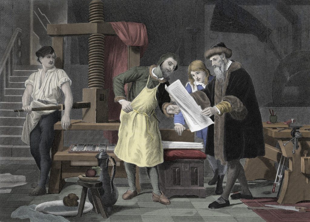 Prima prova di stampa della Bibbia nella tipografia di Gutenberg (1453) (AFP)