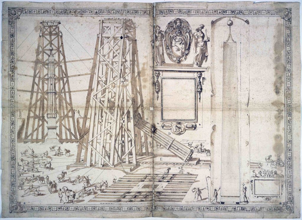 Giovanni Guerra, Innalzamento e abbassamento dell’obelisco con lo stemma di Sisto V, 1586, penna, pennello, inchiostro su tratti a pietra nera (Parigi, Beaux-Arts de Paris)