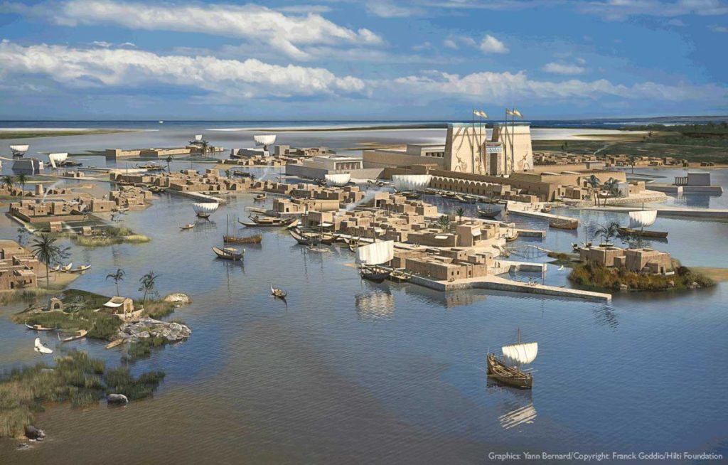Ricostruzione grafica della città egizia Thonis-Heracleion (Grafica: Yann Bernard / © Franck Goddio / HILTI Foundation)