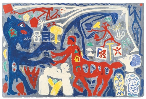 A. R. Penck, Situation ganz ohne Schwarz, 2001, acrilico su tela, Galeria Fernando Santos, Porto (Portugal) (© 2021, ProLitteris, Zurich)