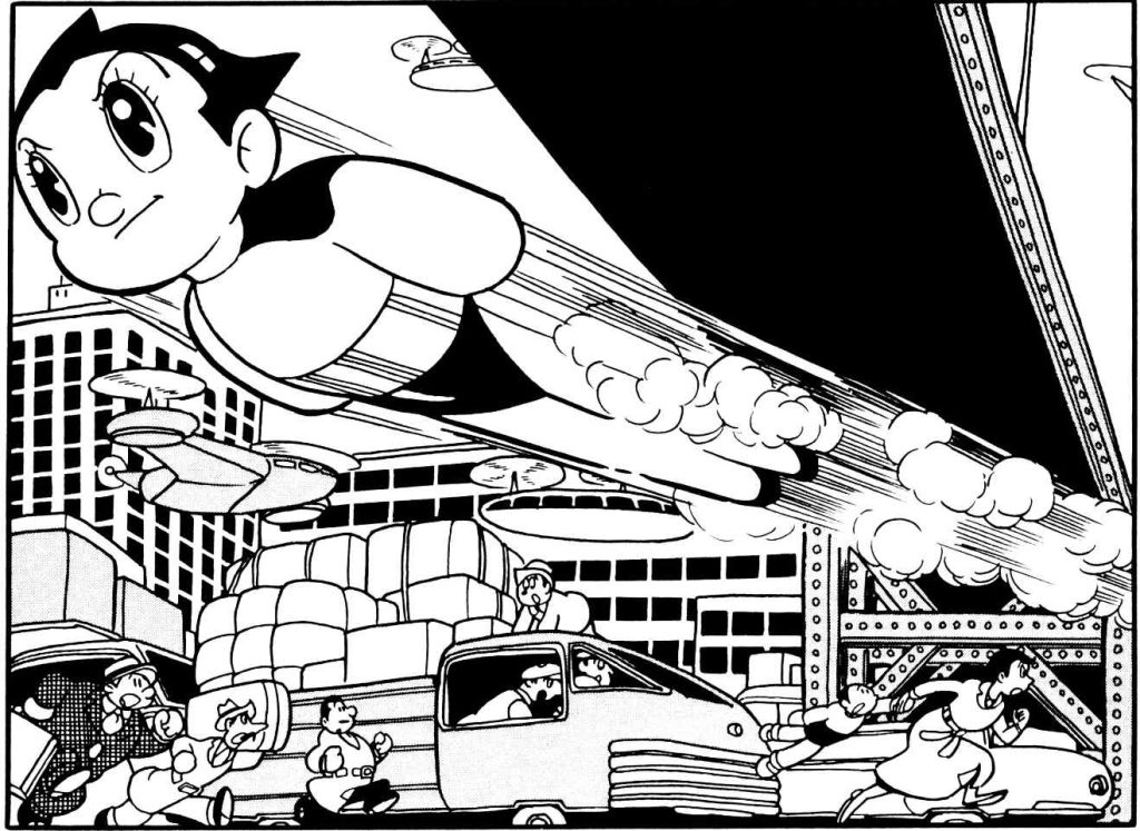 1963 Tetsuwan Atomu (Astroboy o Mighty Atom) è animato da Tezuka per la televisione e debutta in America come Astro Boy (© TEZUKA PRODUCTIONS CO.,LTD.2017)