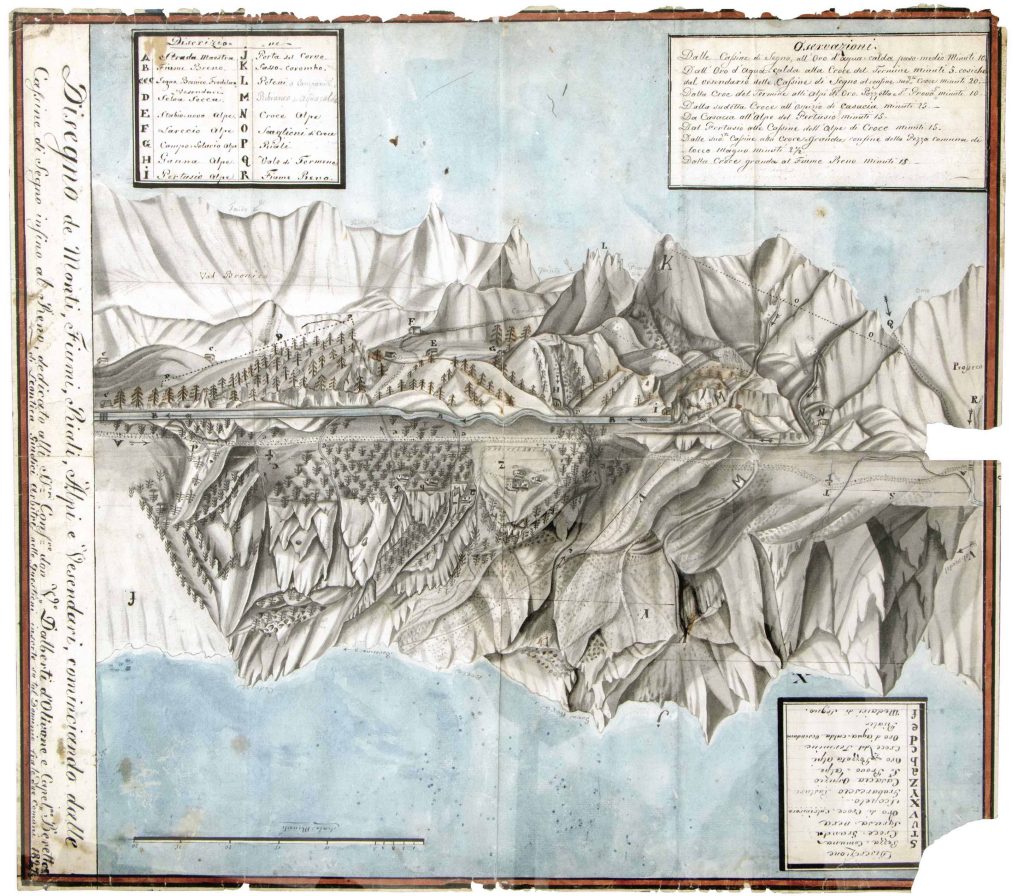 Disegno de’ Monti, Fiumi, Riali Alpi e Vesendari, 1827 (Archivio del Patriziato generale di Olivone, in prestito al Museo Ca’ da Rivöi)