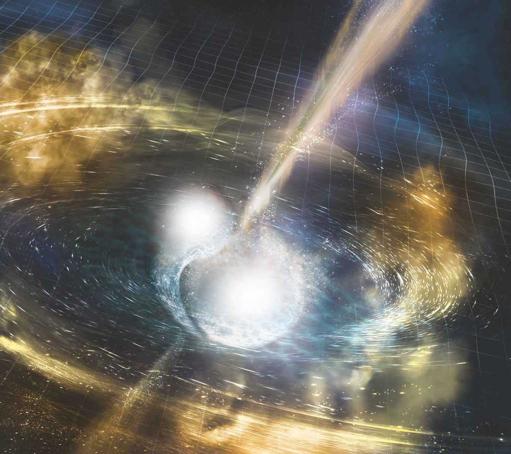 Rappresentazione artistica di uno scontro tra stelle di neutroni: tre i fenomeni misurati, onde gravitazionali, lampo gamma, kilonova (National Science Foundation/LIGO/Sonoma State University/A. Simonnet)