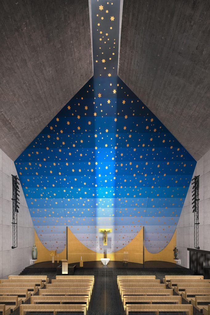 La parete stellata della chiesa (rendering studio Botta). 