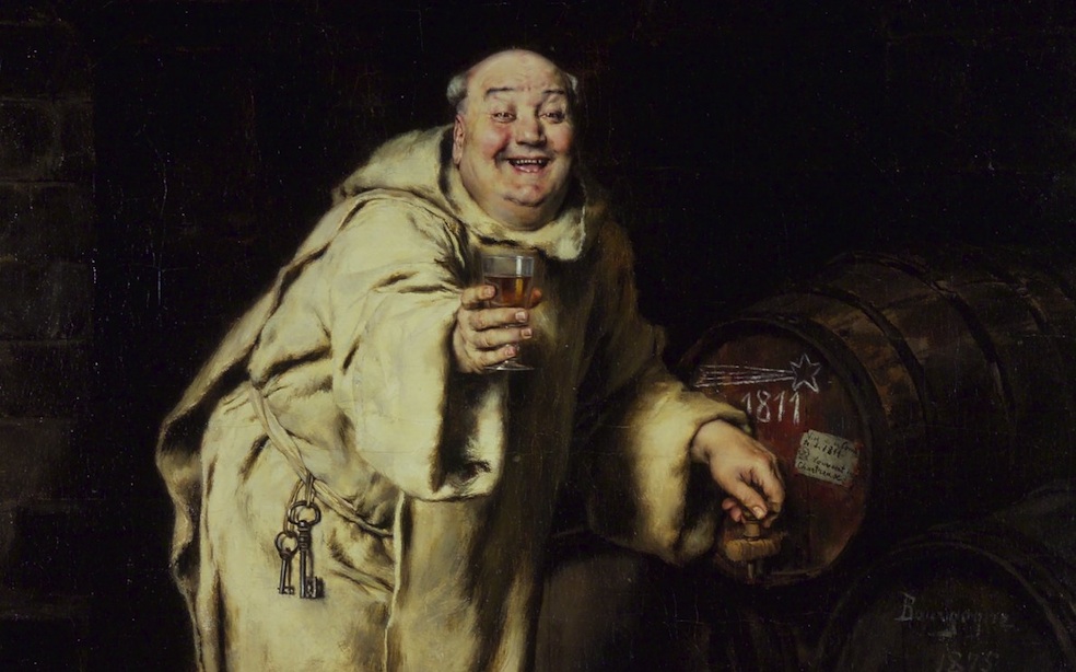 «Monaco degusta il vino», 1886, olio su tela - sotto l'immagine integrale (di Antonio Casanova ed Estorach - Brooklyn Museum)