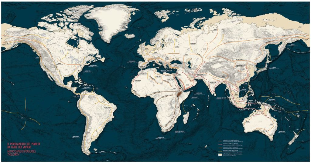 Il popolamento del pianeta da parte dei sapiens (© Geo4Map S.r.l.– Novara 2016)