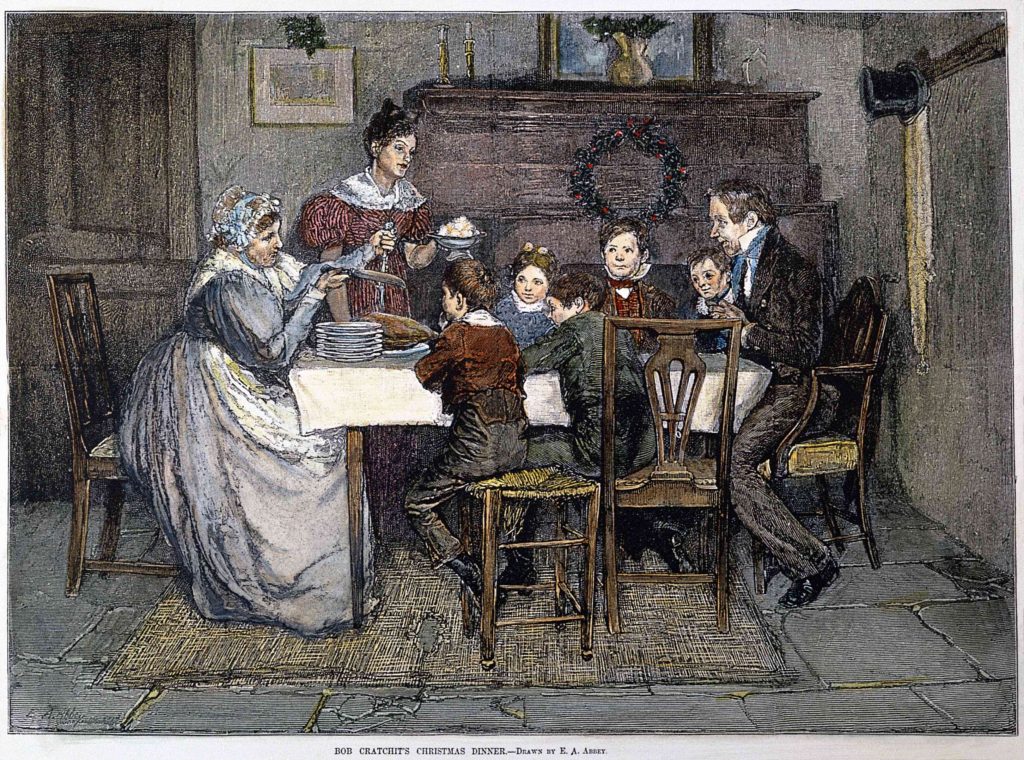 Da Il Canto di Natale questa illustrazione di E.A. Abbey pubblicata nel 1876 raffigura la cena di Natale a casa di Bob Cratchit ed è una delle poche in cui si vede la famosa oca di Natale (Keystone)