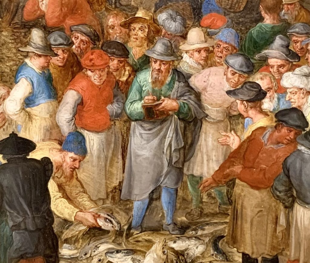 Uomo con taccuino nel «Grande mercato del pesce» di Brueghel il Vecchio (1603), presta attenzione al numero dei pesci e cerca un’armonia con il mondo...