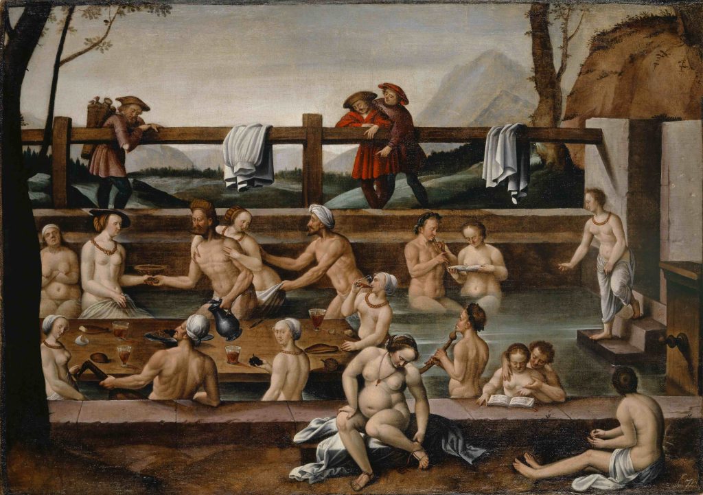 «Cura termale e piacere. I bagni di Leuk (?)», Hans Bock il Vecchio, 1597 circa, olio su tela. (Kunstmuseum Basel)