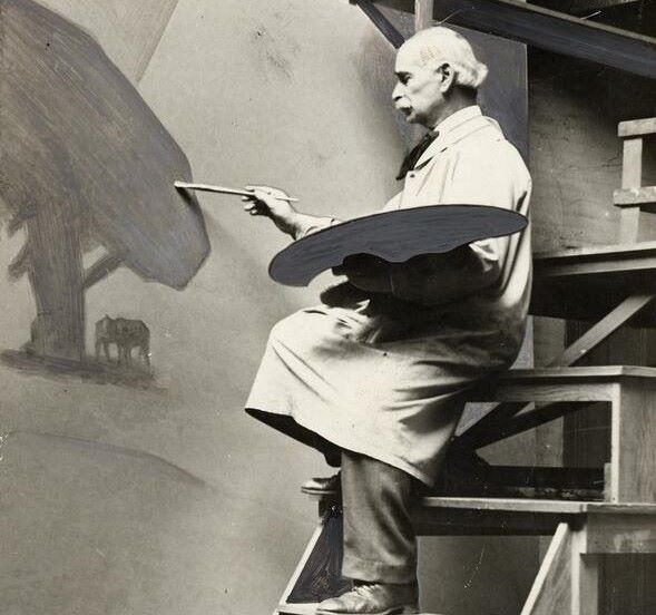 Gottardo Piazzoni dipinge il murale The Land, 20 maggio 1932. (© San Francisco History Center, San Francisco Public Library, www.digitalsf.org)