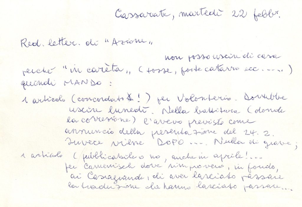 Uno dei messaggi autografi che Orelli indirizzava alla nostra redazione