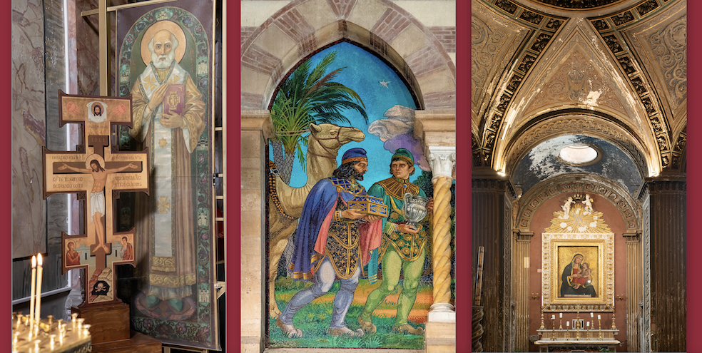 Da sinistra: SS Sergio e Bacco; dettaglio della Natività con l’Adorazione dei pastori e dei Re Magi, di George Breck; Santa Maria in Cosmedin