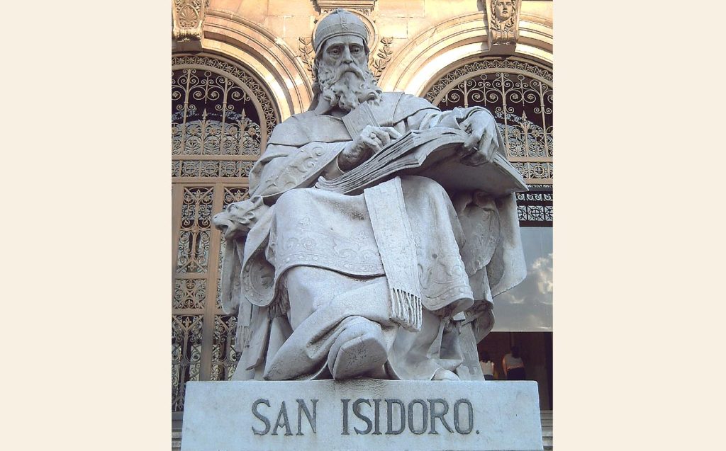 Isidoro di Siviglia, opera dello scultore spagnolo José Alcoverro (1892) sulla scalinata d’entrata della Biblioteca Nazionale di Spagna, a Madrid (Luis García)