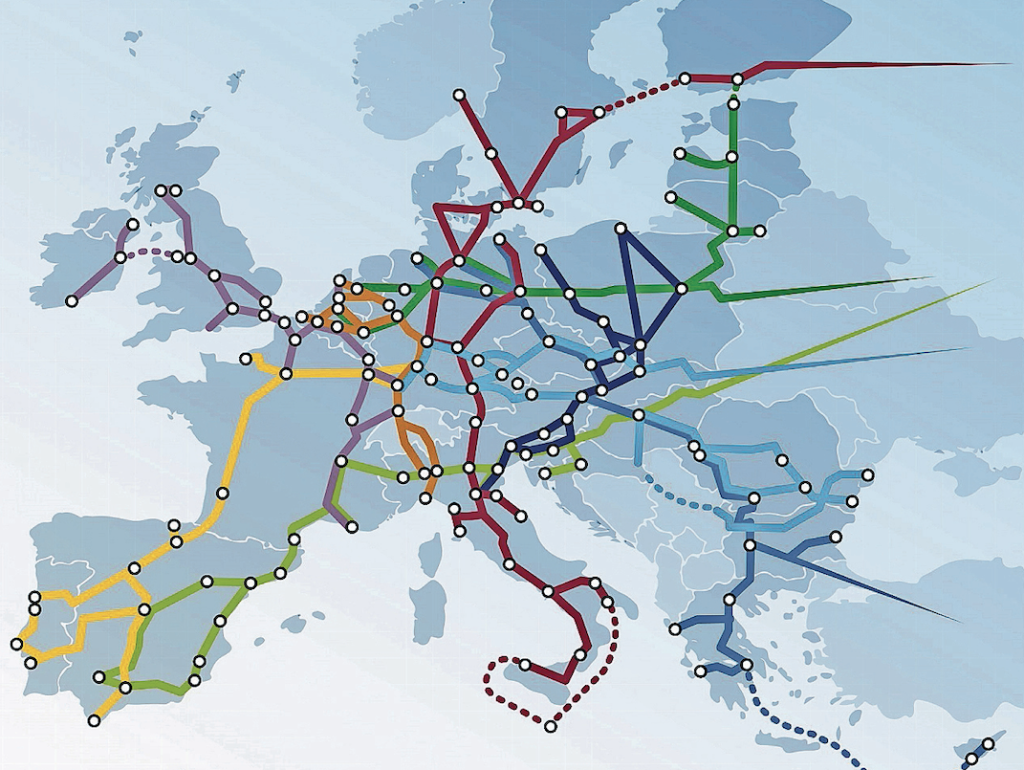 Cartina che illustra i corridoi della rete transeuropea dei trasporti, TEN-T.