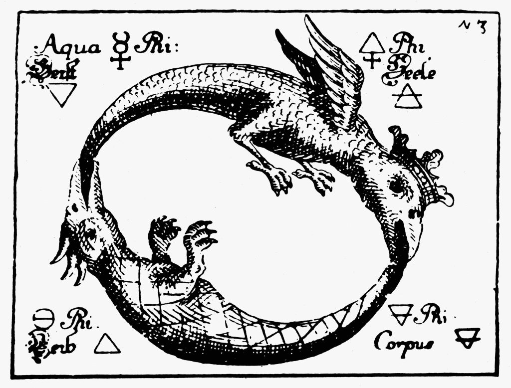 Immagine di uroboro, da «Uraltes Chymisches Werk» di Abraham Eleazar, Lipsia, Germania 1760 (Keystone)