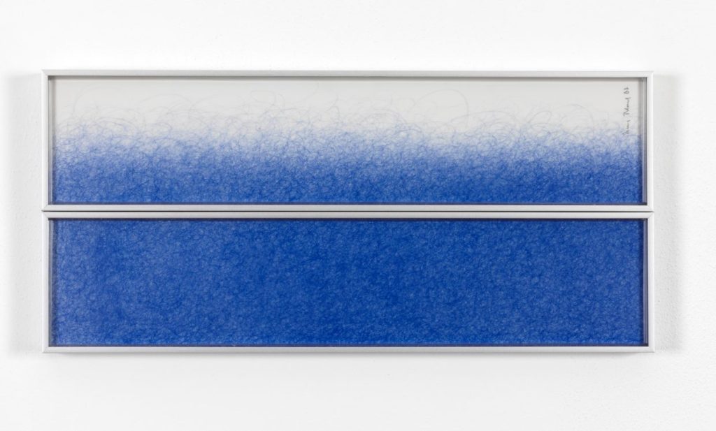 Irma Blank, Horizont n.1, 2007, biro su poliestere, dittico (Courtesy the artist and P420, Bologna © Photo Carlo Favero)