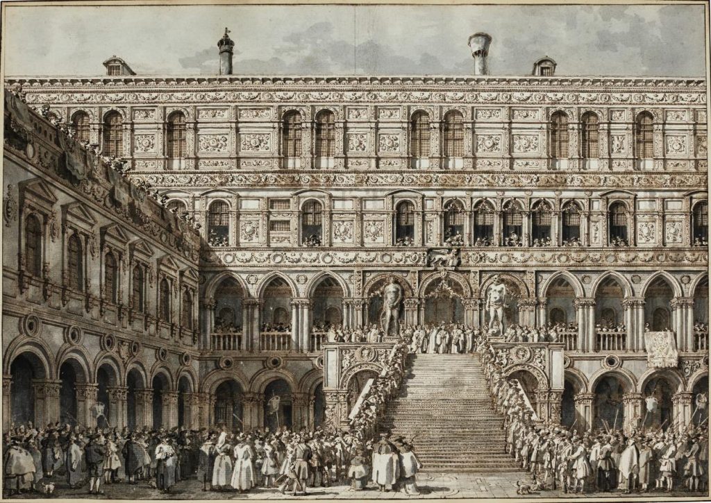 Canaletto, «L’incoronazione del Doge sulla Scala dei Giganti di Palazzo Ducale, Venezia» (1763-1766) (Courtesy of Jean-Luc Baroni Ltd)
