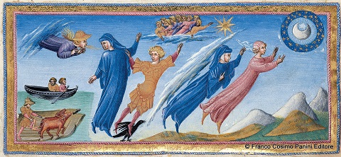 Dante e Beatrice visitano il I Cielo (della Luna), dettaglio di una miniatura, 1444-1450 (British Library)