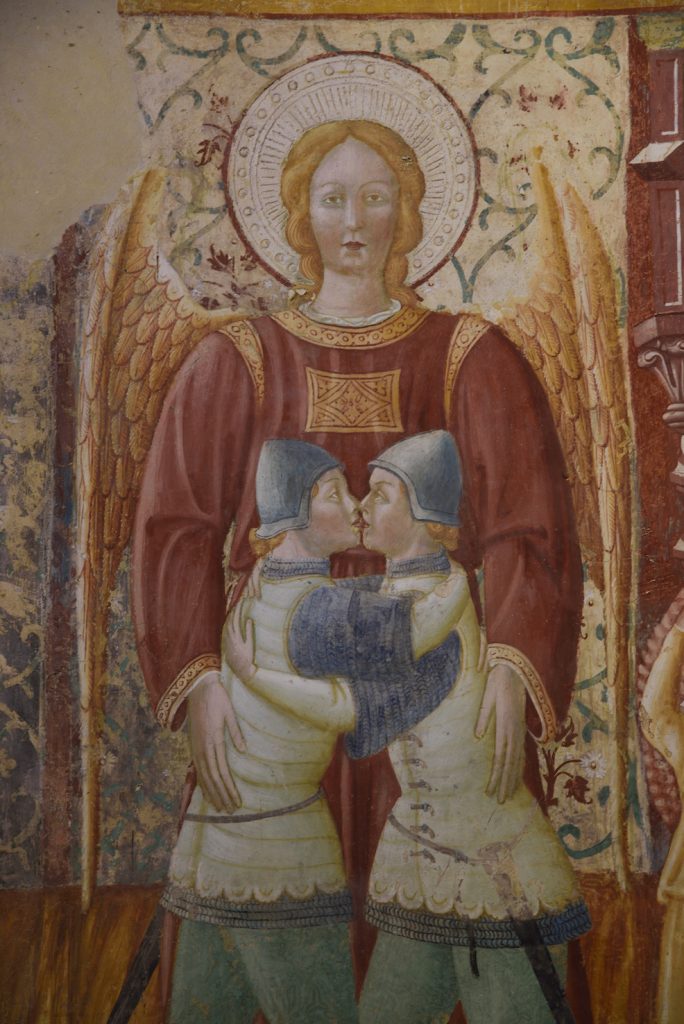 Rasiglia. Santuario di Santa Maria alle Grazie fondato nel luogo dove è stata rinvenuta un'immagine della Santa Vergine. Il santuario è terapeutico per la fonte intorno al sito ma è anche dedicato alla pace tra le comunità vicine che lottano per la statua. Questo affresco raffigura l'angelo della pace che riconcilia le due comunità