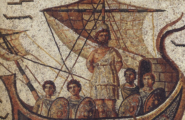 Mosaico proveniente dalla Tunisia (II-II sec. d.C) raffigurante Ulisse legato per resistere al canto delle sirene (Museo del Bardo)