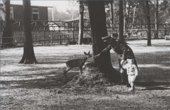 Koch con il figlio mentre dà da mangiare a un cerbiatto nello zoo del Lager; foto dall’album di famiglia, 1939 (Nat. Arch. Wash., BwA-Signatur: 018-094)