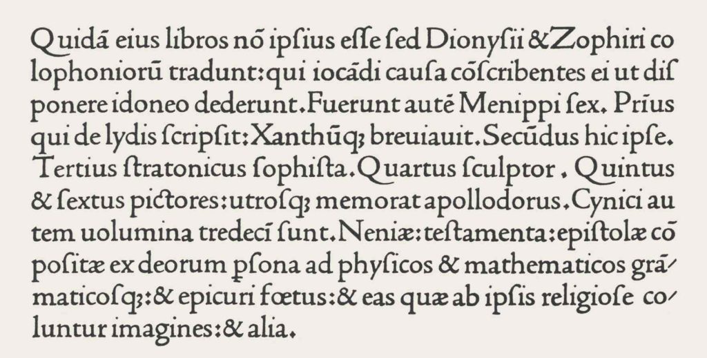 Esempio del carattere tipografico romano di Nicolas Jenson dal "Laertis" pubblicato a Venezia nel 1475 ca. (Wikipedia)