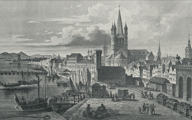 Veduta della città di Monaco intorno al 1850, con il porto e la Stapelhaus davanti alla Chiesa dei Santi Pietro e Maria (Keystone)