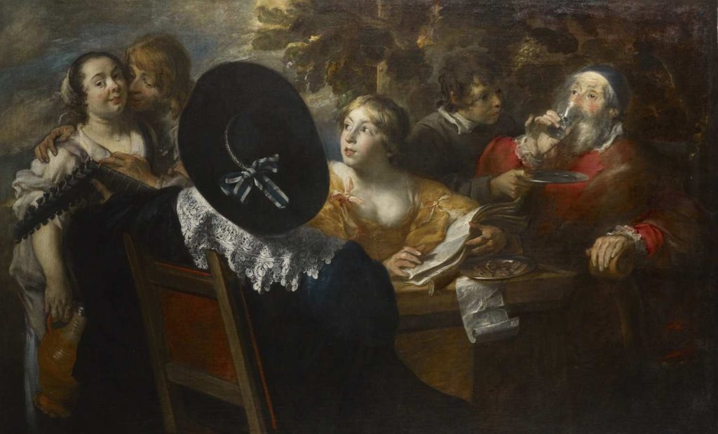 Jan Cossiers 1600-1671 L’allegria compagnia (I cinque sensi) (dopo il 1650) (Collezione privata, Anversa)