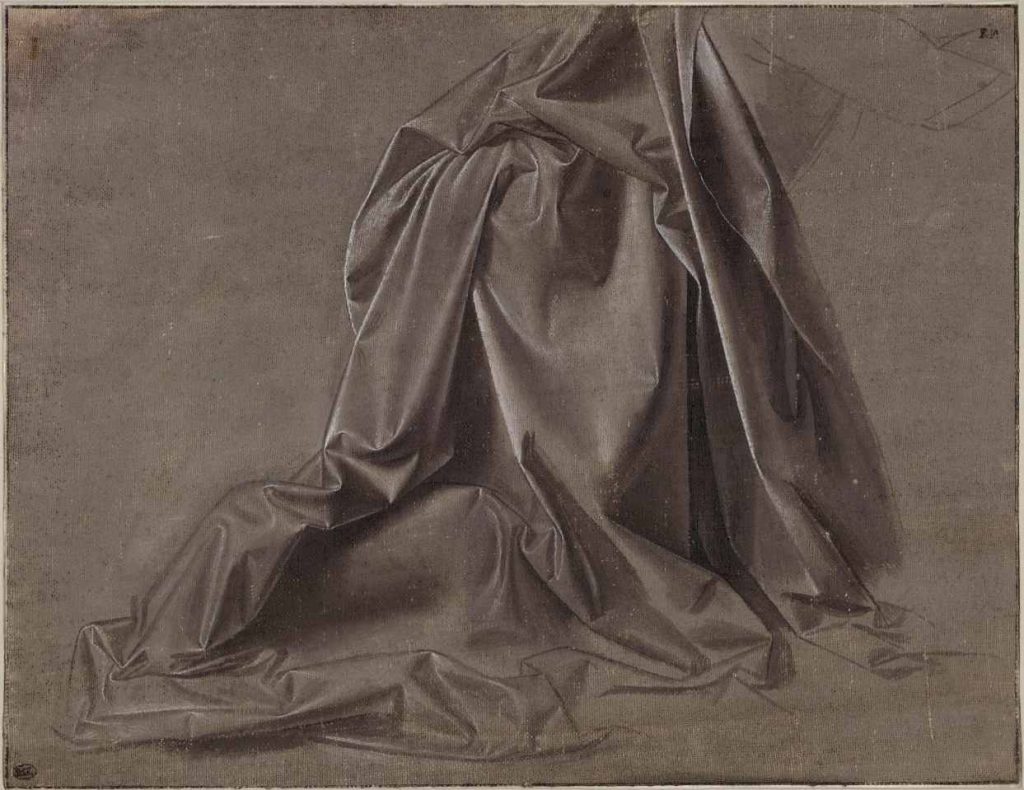 Leonardo da Vinci (Vinci, 1452 - Amboise, 1519), Panneggio di una figura inginocchiata, vista di profilo 1470-1475 ca. (Parigi, Musée du Louvre, Dép. Arts Graphiques, inv. 2256. Photo © RMN- Grand Palais (musée du Louvre) / Michel Urtado)