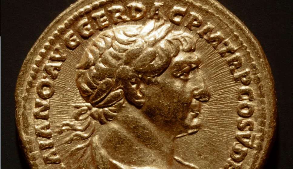 Marco Ulpio Traiano come appariva raffigurato su una moneta ritrovata nel 1935 a Vidy (VD) (Keystone)