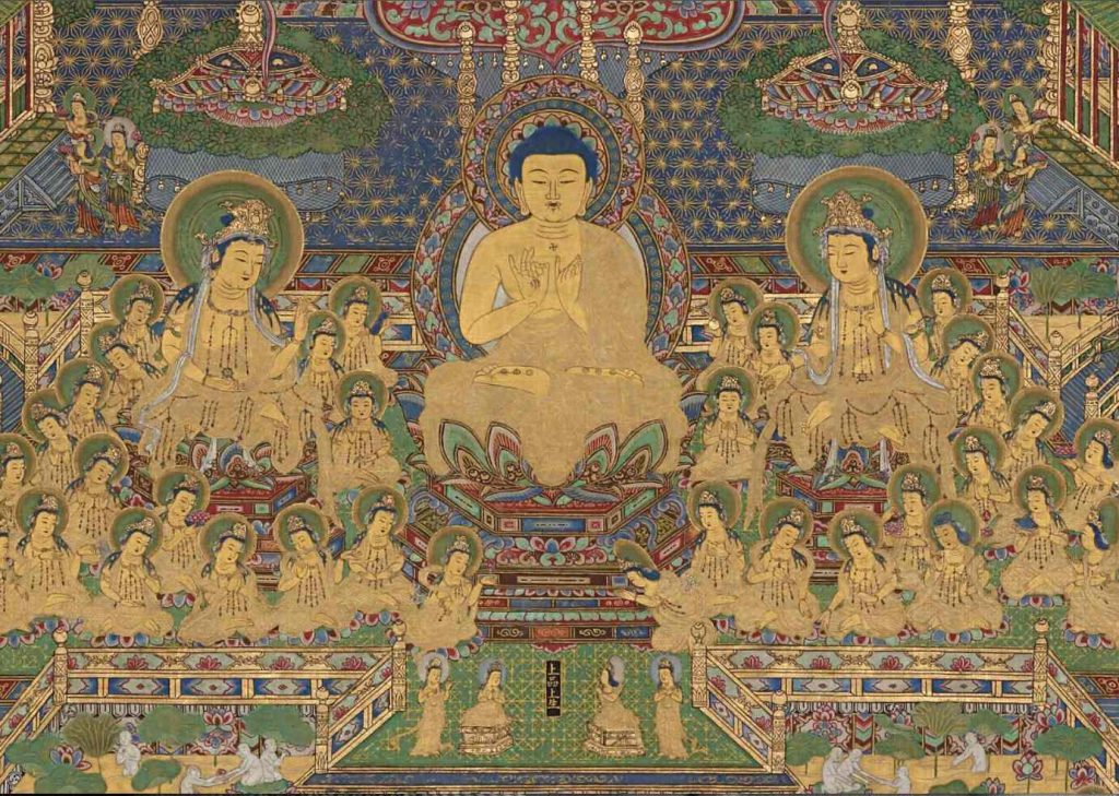Taima-Mandala (dett.), Giappone, periodo Edo, XVIII sec., colori su seta (© Museum Rietberg, donaz. H. Brasch)