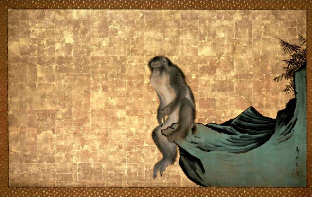 «Scimmia sulla roccia», Nagasawa Rosetsu (1754-1799) ca. 1792 – 1794, dettaglio da un pannello (collezione privata, Giappone)