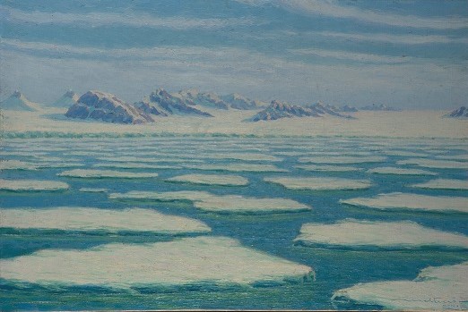 Giovanni Molteni, Kings Bay, 1928, olio su tela, realizzato partendo da un bozzetto su legno dipinto al Polo Nord (Fond. Archivio G. Molteni)