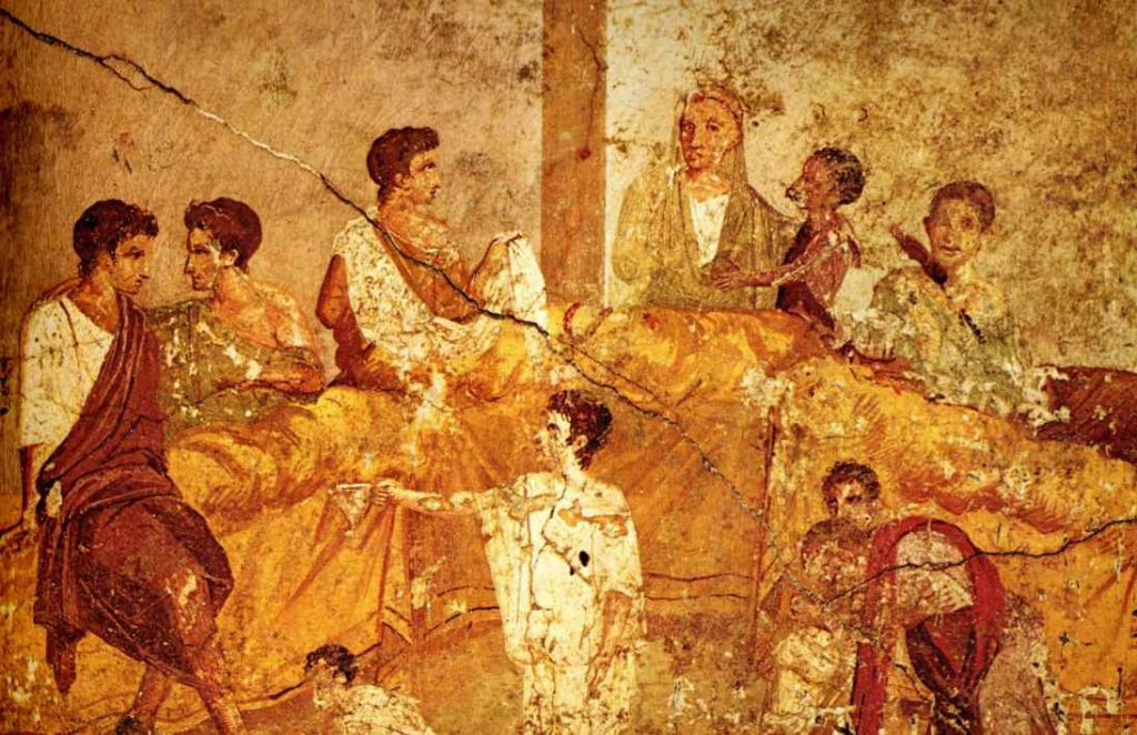 Pittura murale (I secolo d.C.) da Pompei raffigurante un banchetto multigenerazionale (Wikipedia)