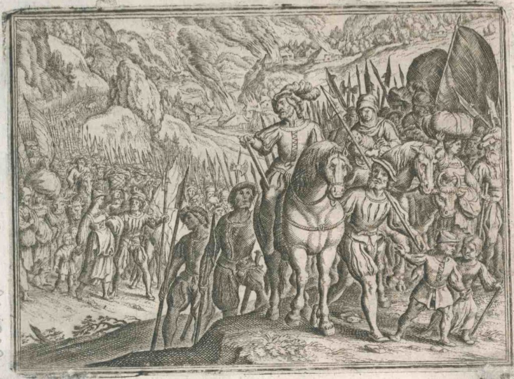 Gli Elvezi emigrano in Gallia alla ricerca di terre libere; calcografia di Matthäus Merian, 1630 (Keystone)