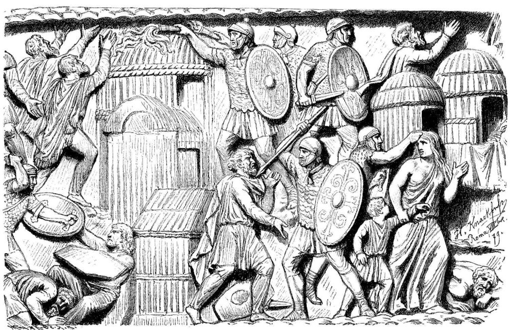 Distruzione di un villaggio germanico da parte dei romani, rilievo del 1800 dalla colonna Antonina (o Colonna di Marco Aurelio, 176-192 d.C.) di Roma (Keystone)