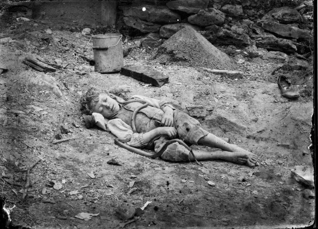 Saul Donetta (figlio di Roberto) posa per il padre con una vipera morta (Archivio Donetta)