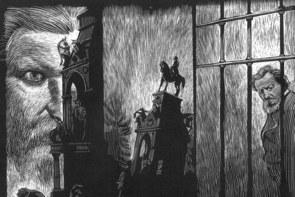 Incisione di Hannes Binder realizzata con la tecnica dello scraperboard per la graphic novel «Ti chiamavano Cenzìn»