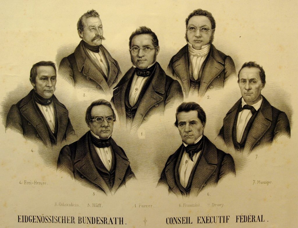 Stefano Franscini, secondo da destra nella fila in basso, in carica dal 1848 al 1857 (Keystone)
