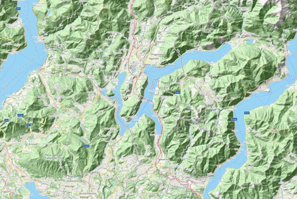 Una mappa online del Ceresio, così come si vede su OpenStreetMaps, il più grande database geografico mondiale per la creazione di mappe e cartografie, con oltre dieci milioni di utenti. (openstreetmap.org)