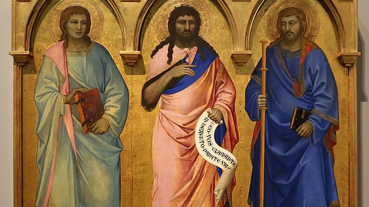 Nardo di Cione (c.1320-1365/1366), San Giovanni Battista insieme a San Giovanni Evangelista e San Giacomo, National Gallery, Londra (Wikipedia)