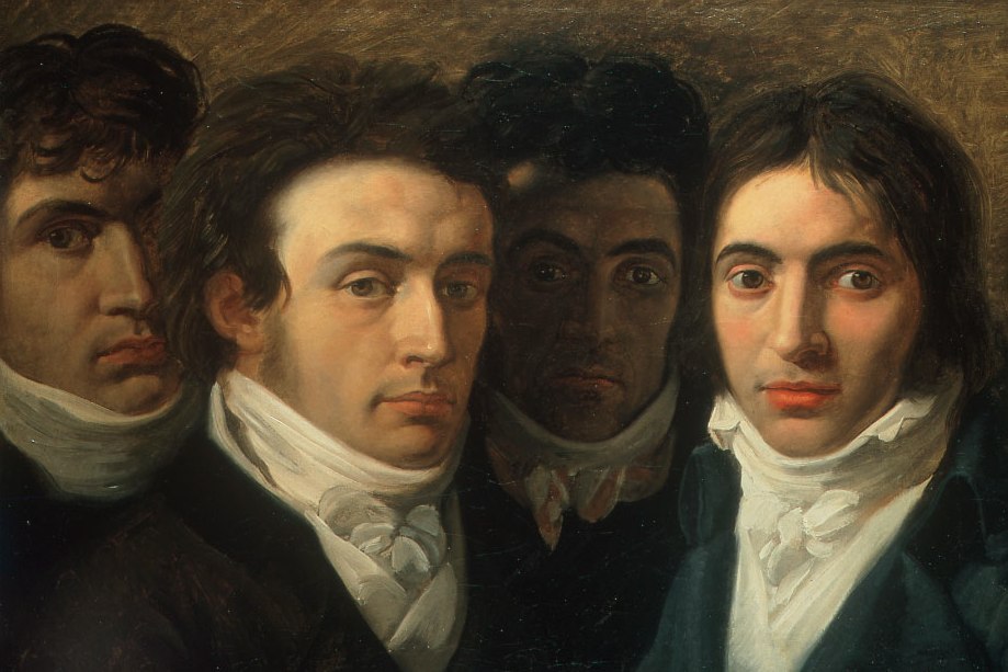 Giuseppe Bossi, Autoritratto con Gaetano Cattaneo, Carlo Porta e Giuseppe Taverna, Cameretta Portiana, 1809 (Milano, Pinacoteca di Brera)